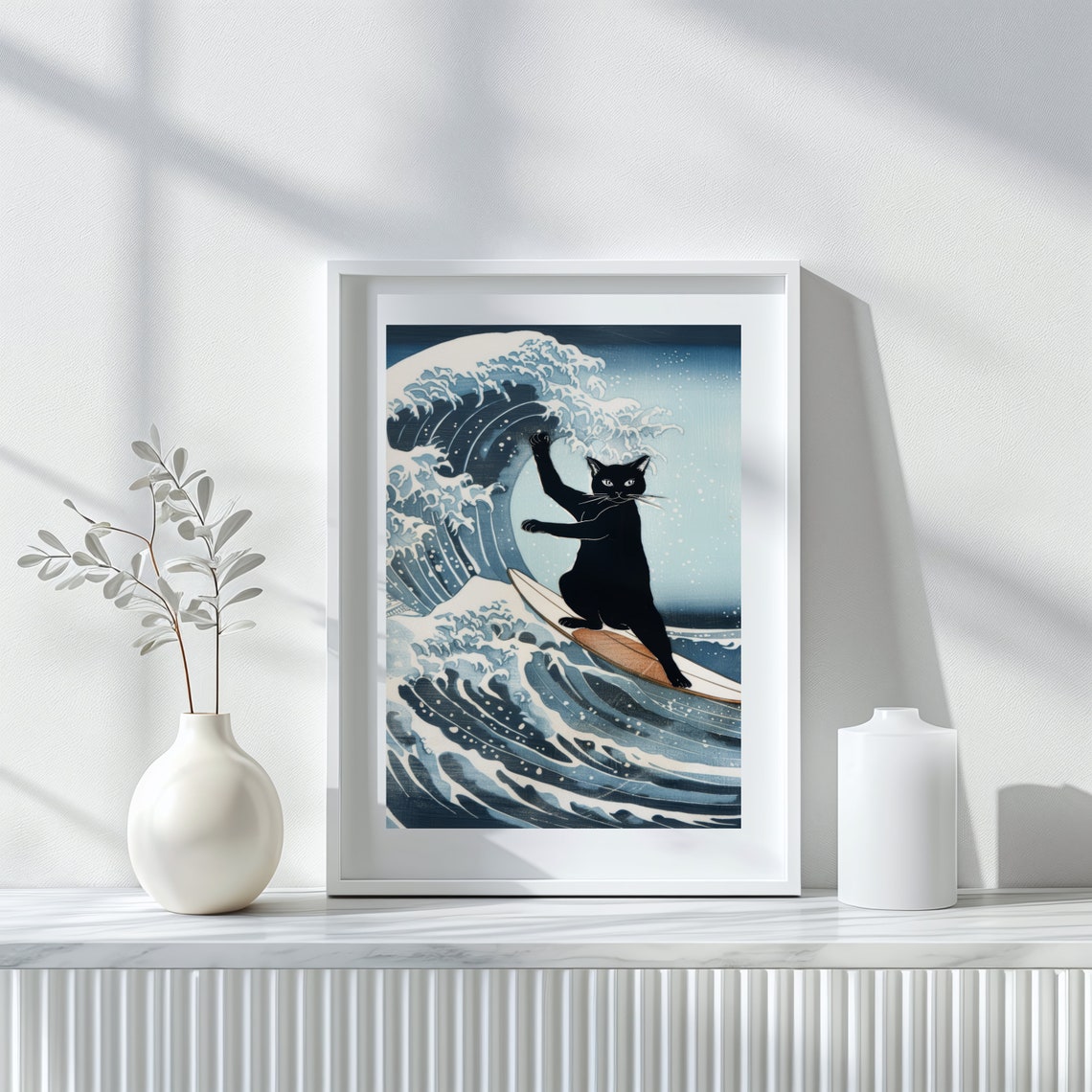 Black Cat Surfing the Great Wave Japanese Style Funny Cat Lover Poster - Image 2