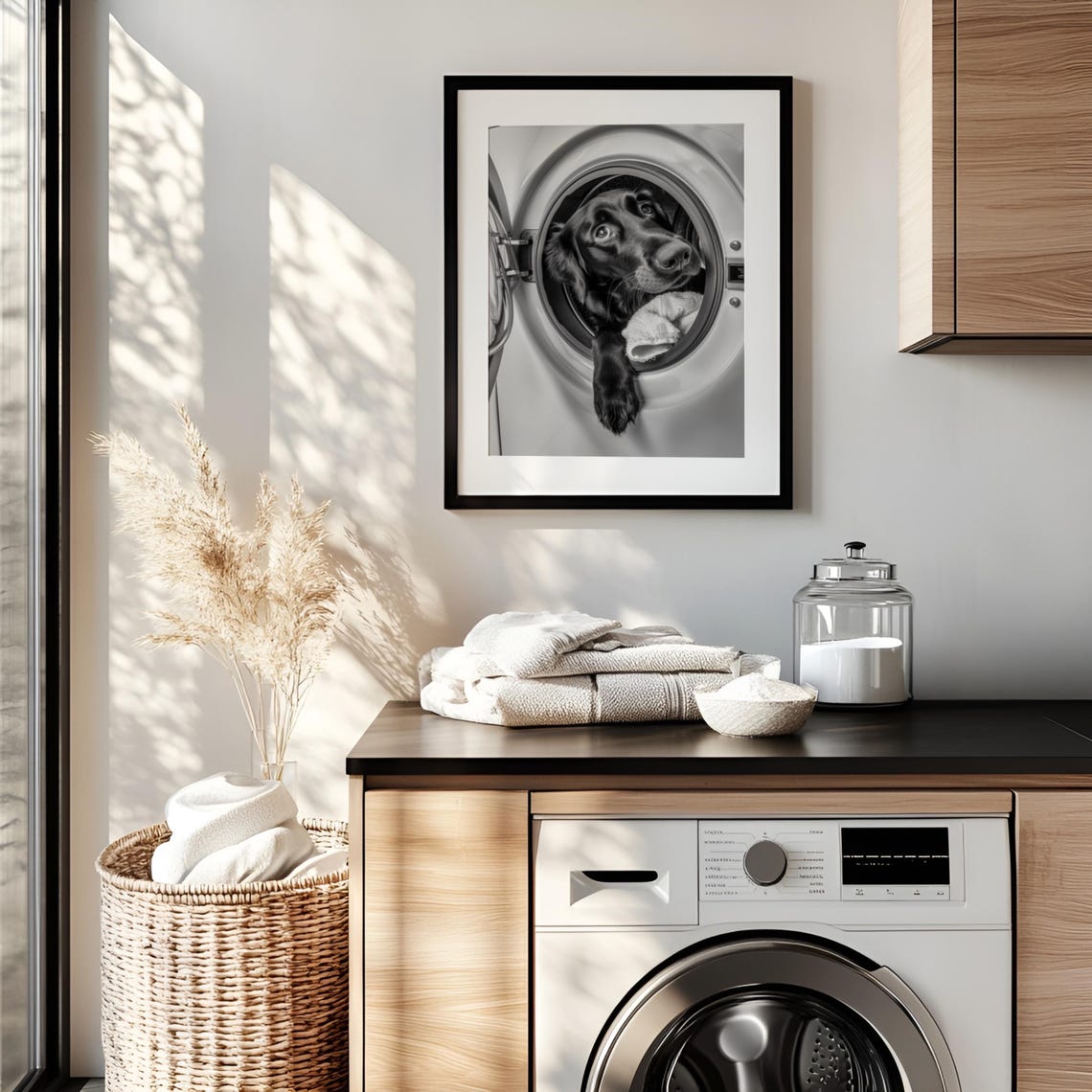 Funny Dog Peeking Out of a Washing Machine Black and White Poster - Image 2