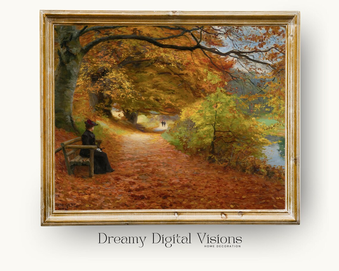 Autumn Park Bench Vintage Oil Painting Golden Fall Foliage Poster