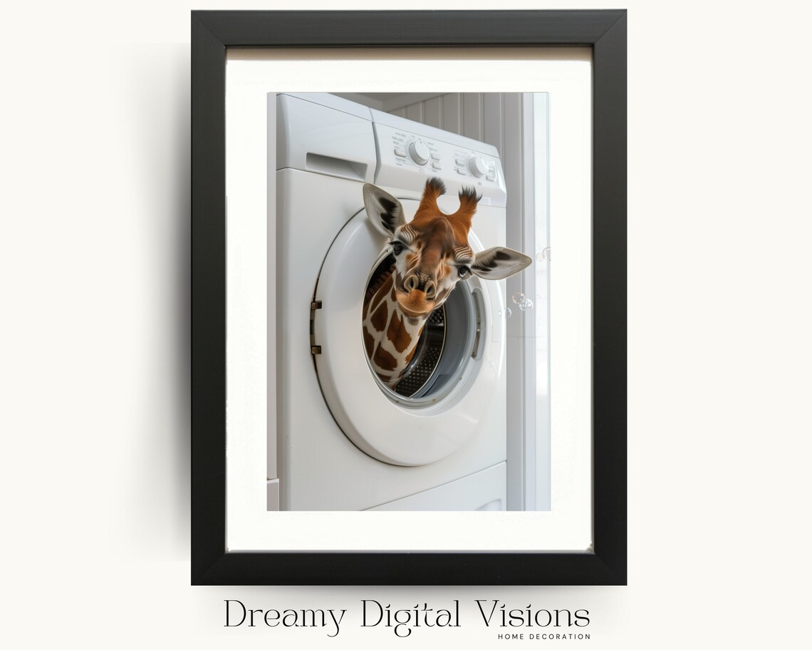 Cute Giraffe in Washing Machine Laundry Room Art Print