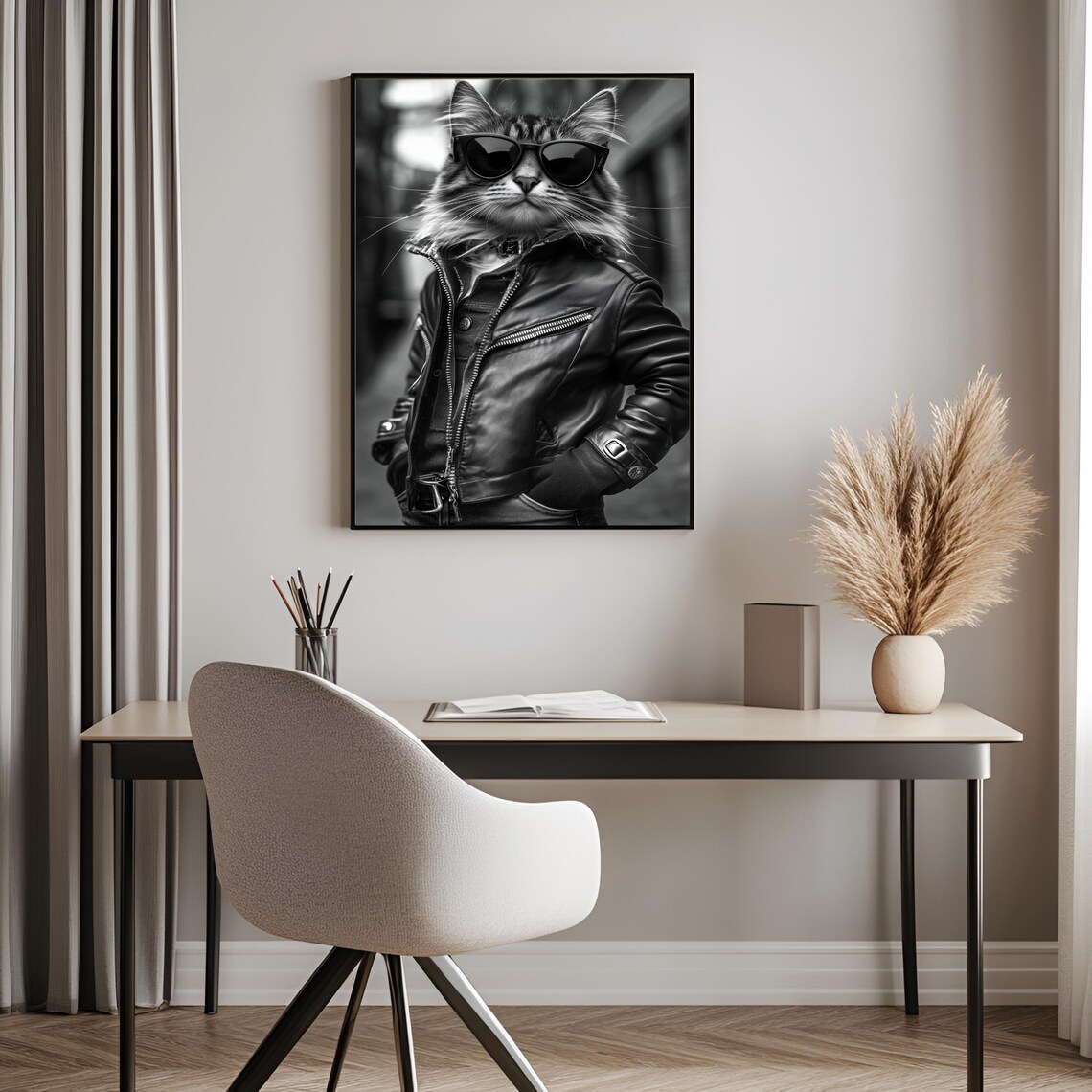 Cool Cat In Sunglasses Poster Funny Leather Jacket Black And White Cat Photo Art - Image 3