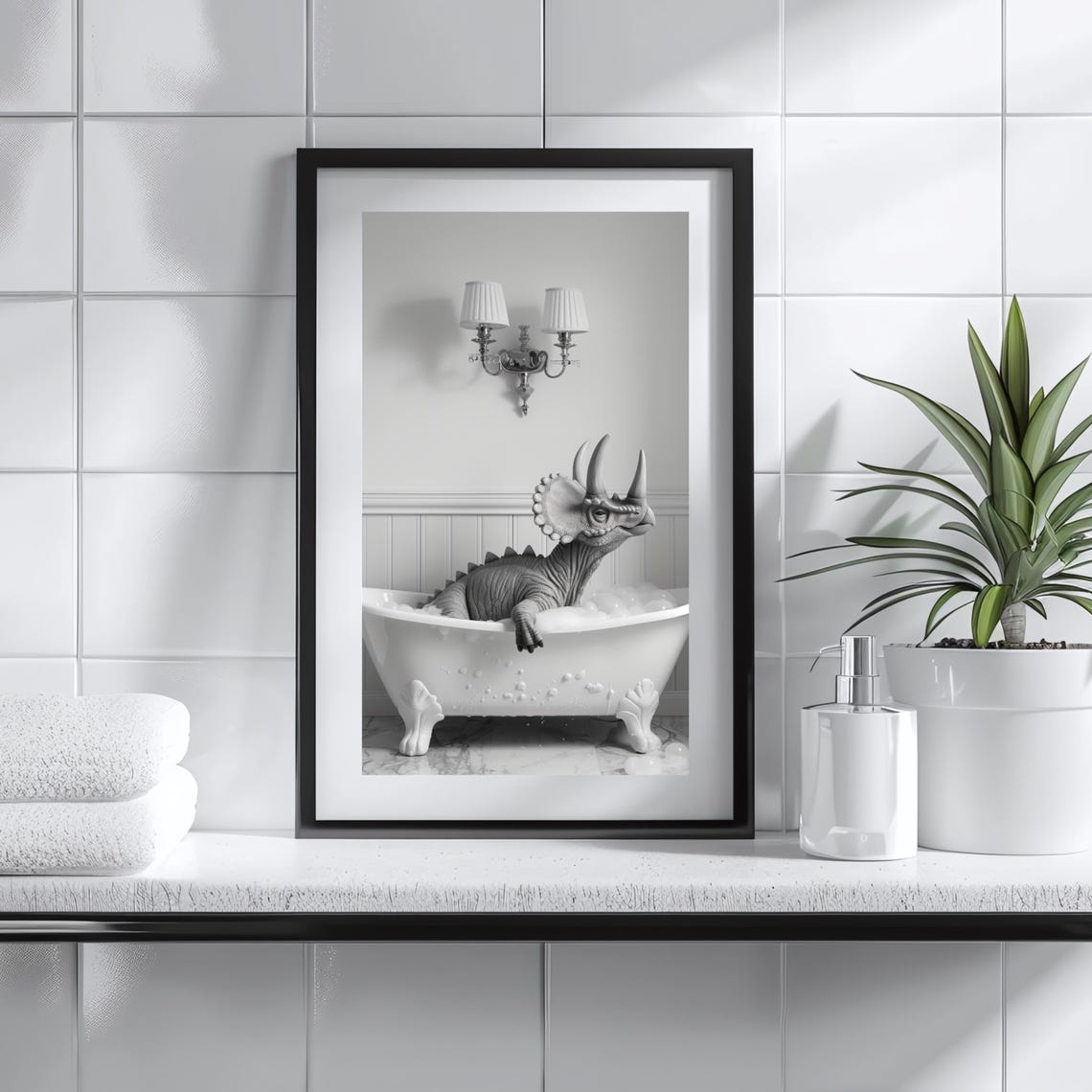 Triceratops Dinosaur Relaxing in Bubble Bath Funny Bathroom Poster - Image 3