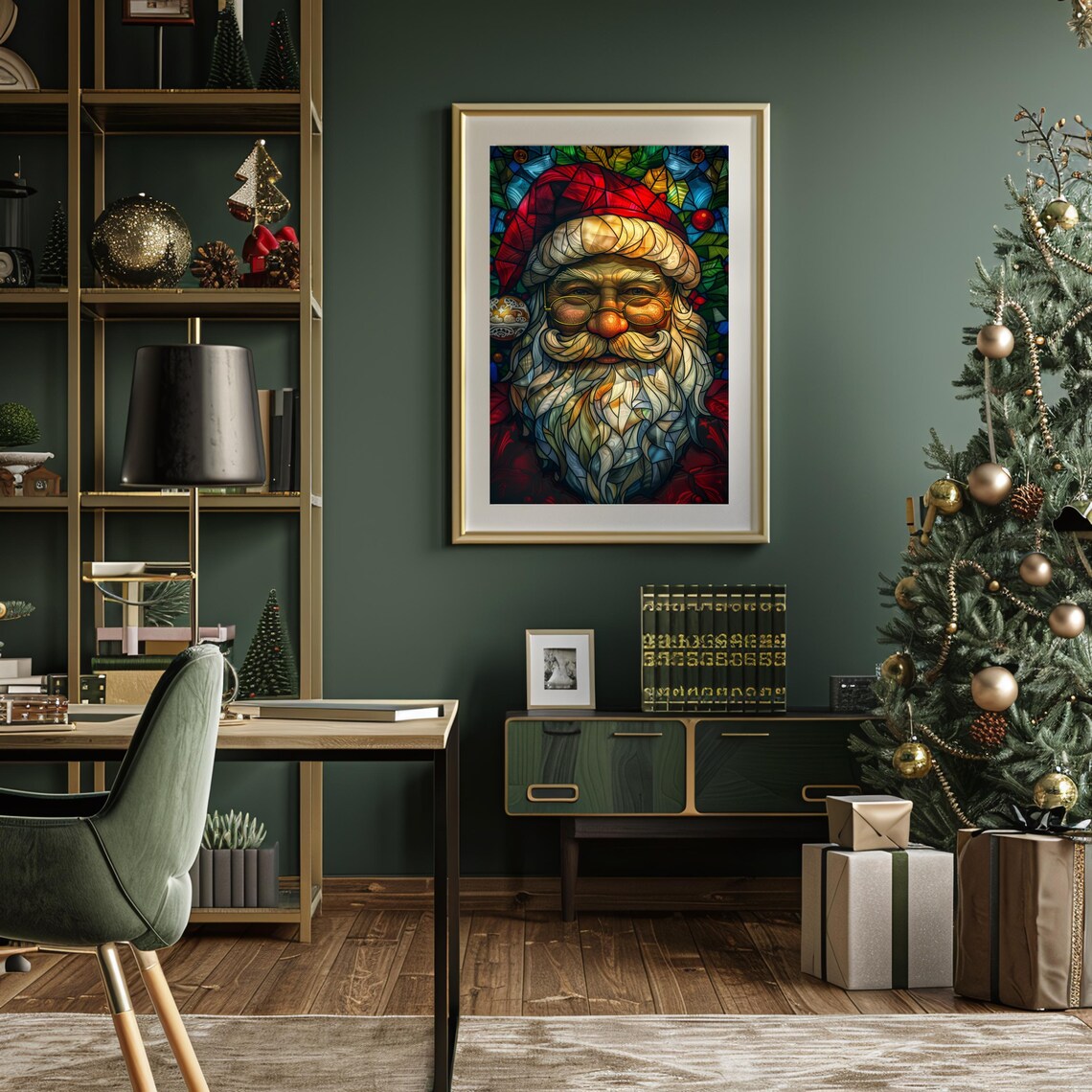 Santa Claus Stained Glass Style Colorful Christmas Portrait Poster - Image 2