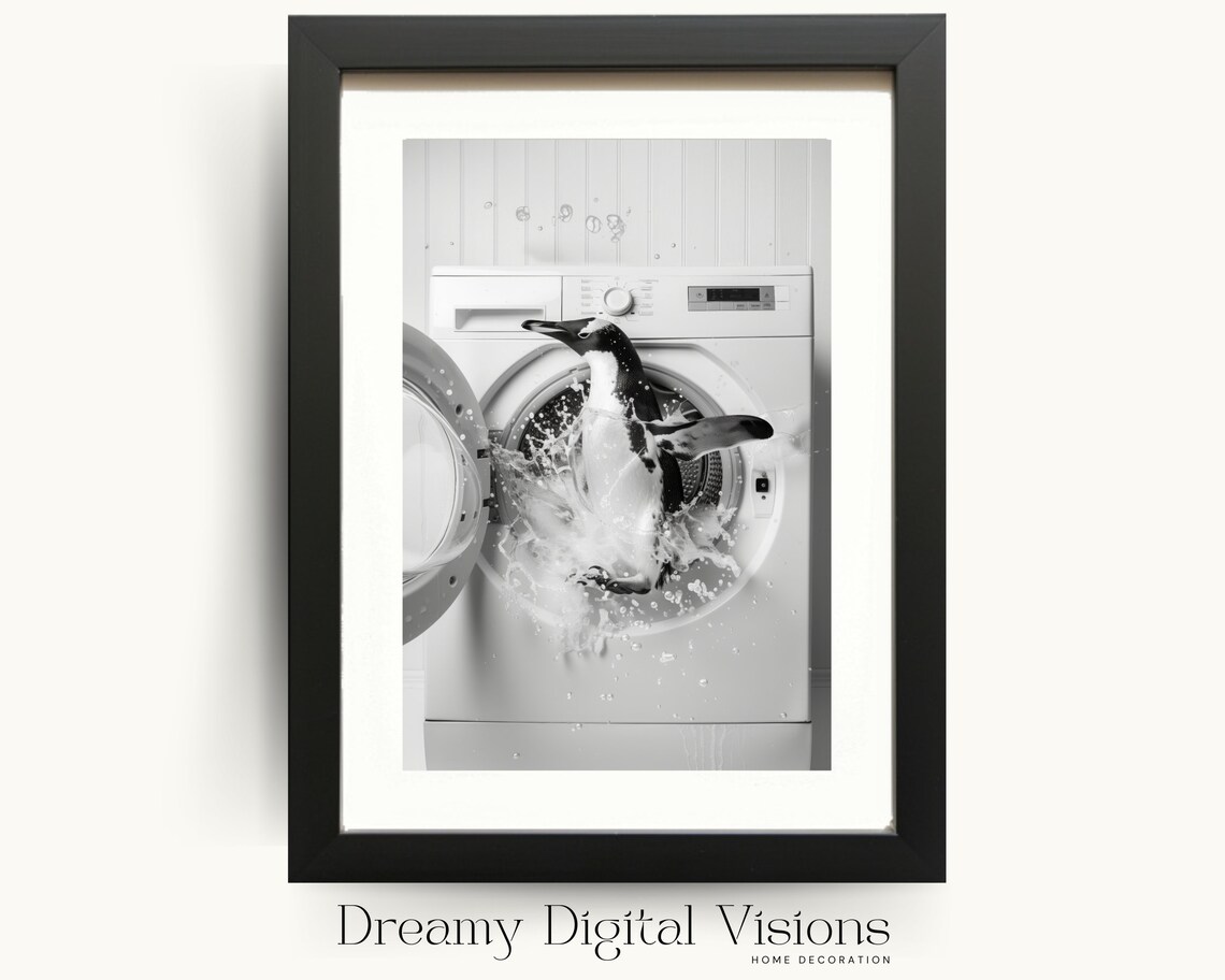 Penguin In The Washing Machine Laundry Room Art Print