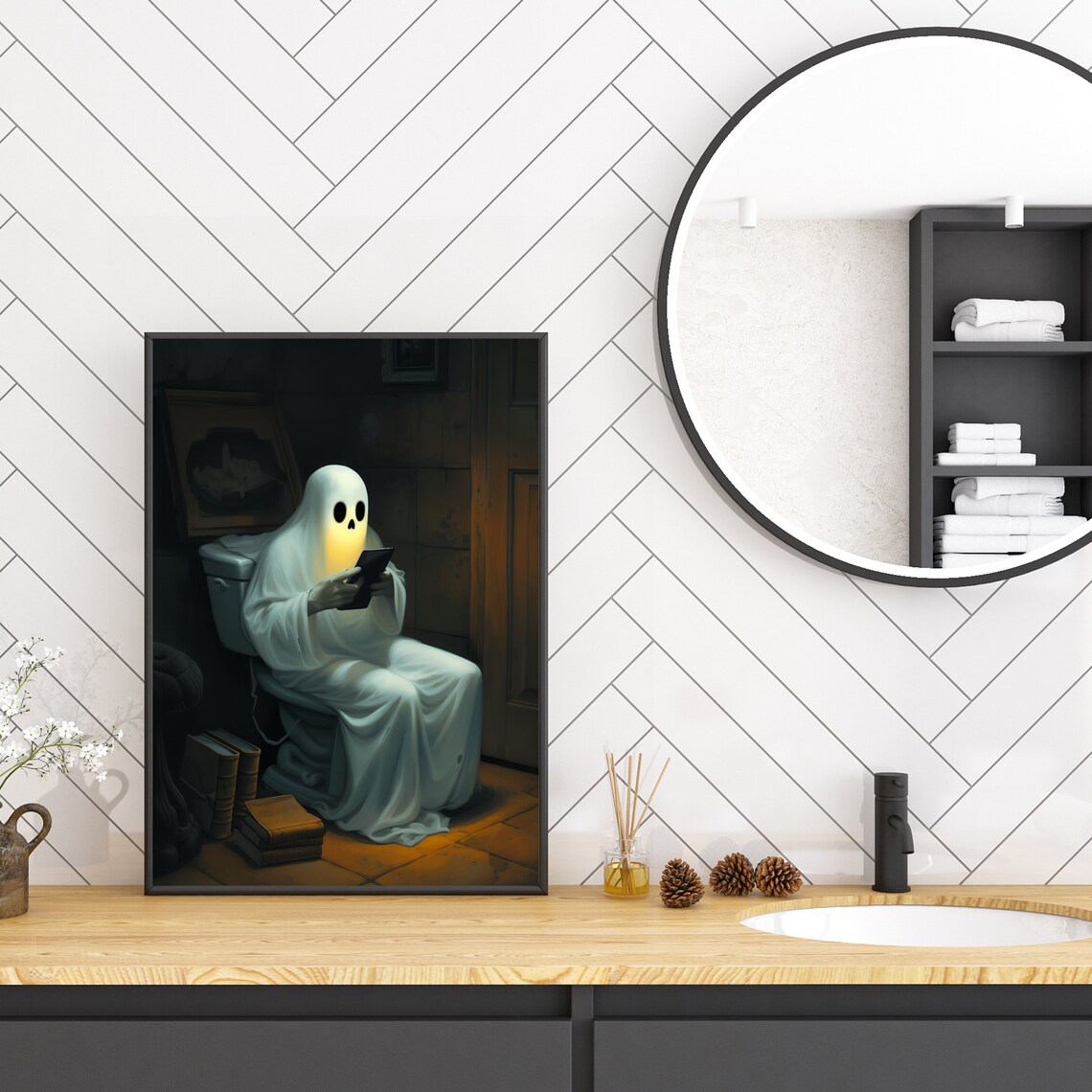 Funny Ghost On Toilet Reading Phone Dark Academia Bathroom Poster - Image 3