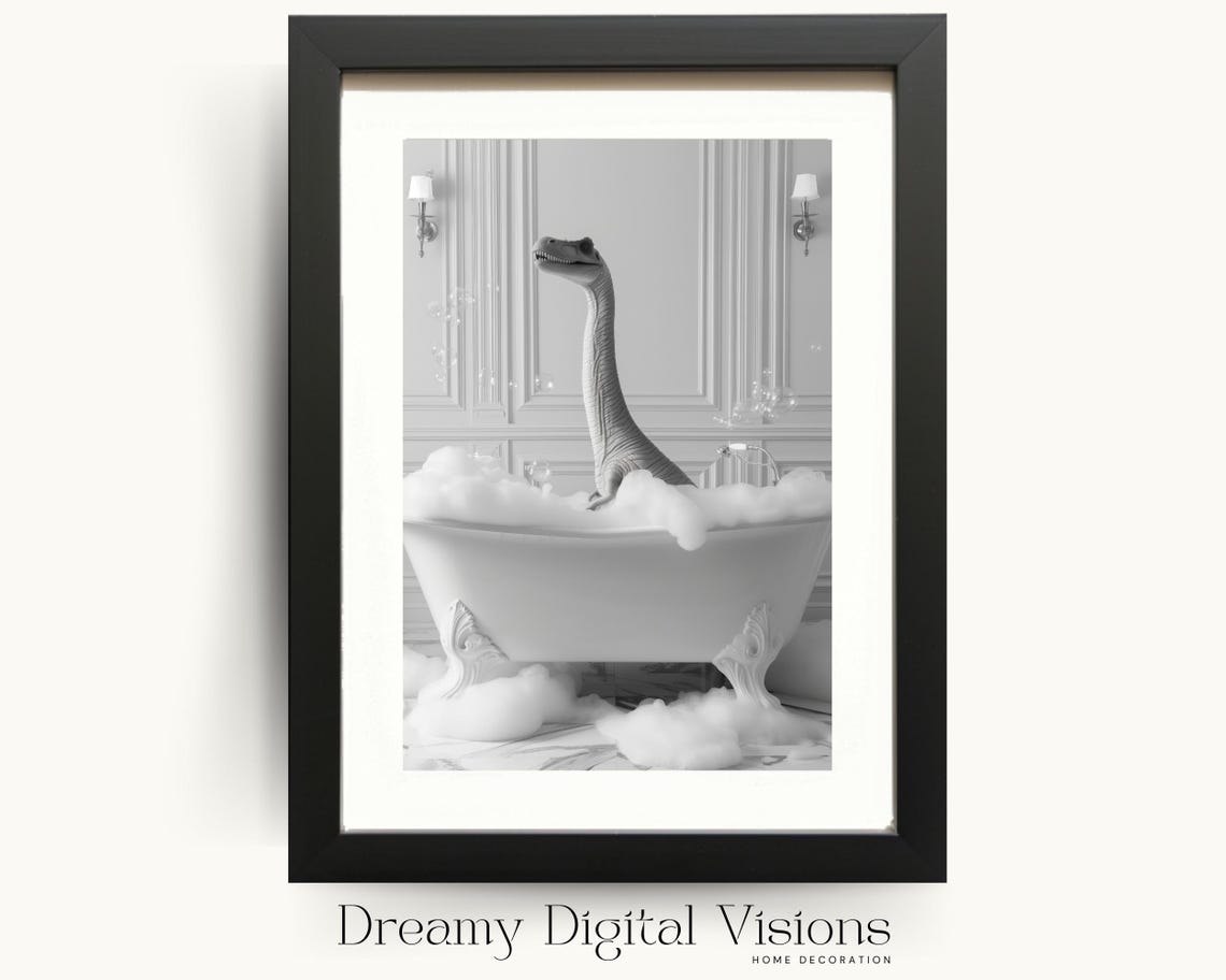 Long Neck Dinosaur Soaking in Bubble Bath Funny Bathroom Poster