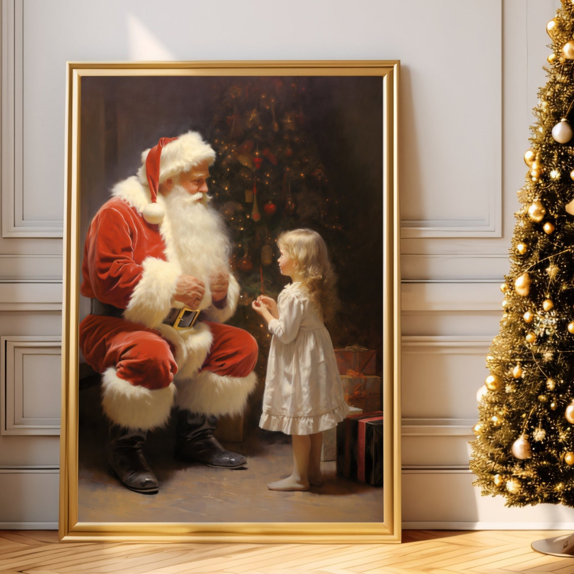 Father Christmas Meets Girl Father Christmas Print Seasonal Decor Vintage Winter Christmas Wall Art Father Christmas Wall Art - Image 2