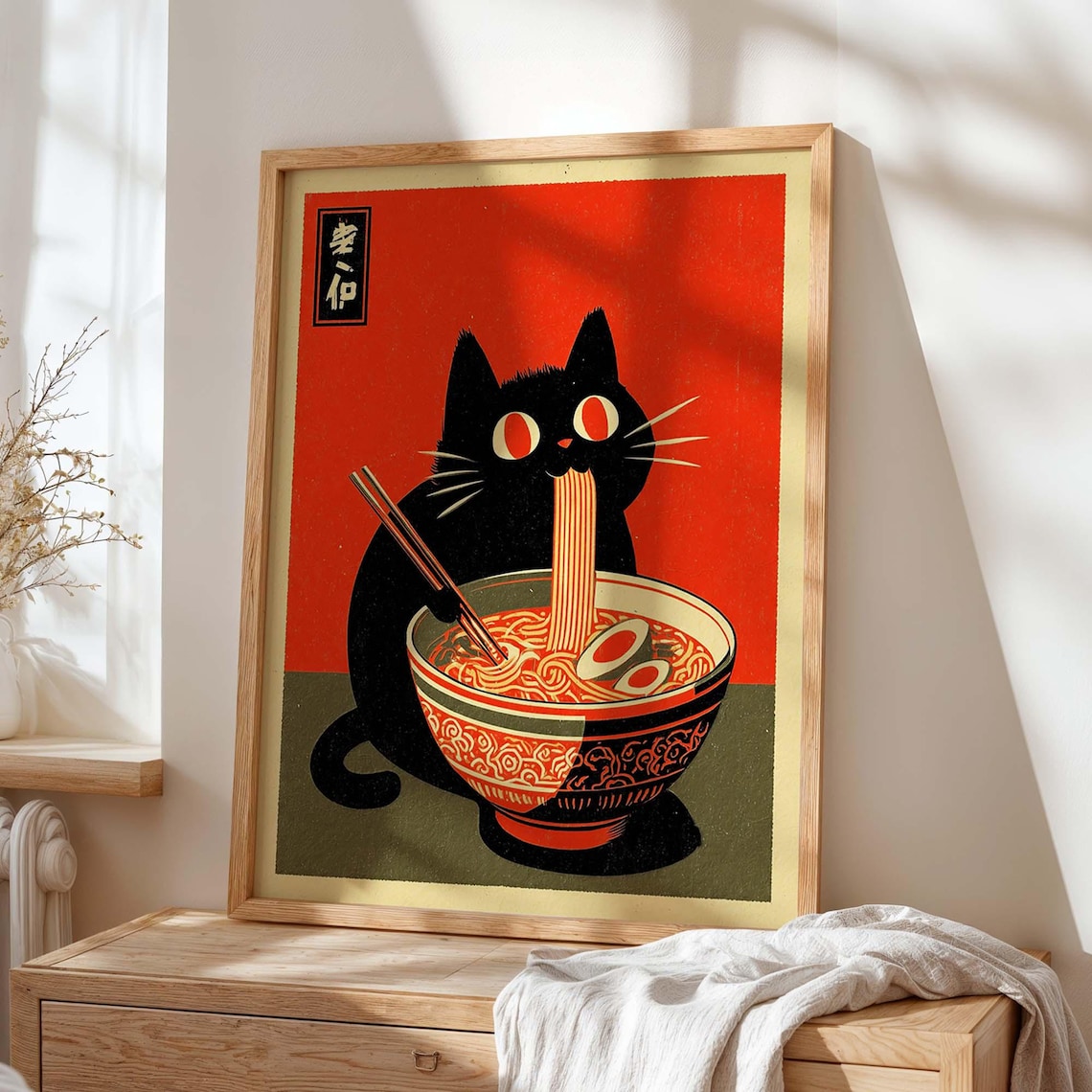 Japanese Ramen Cat Retro Kitchen Decor Art Print