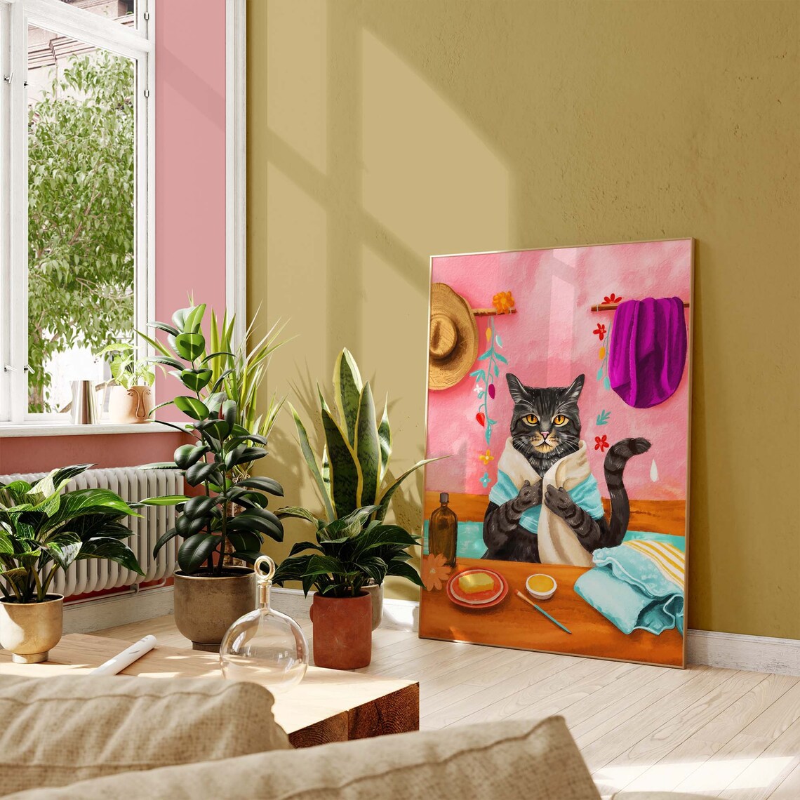Black Cat Enjoying a Spa Day with Towel and Soap in Pink Room Poster - Image 2