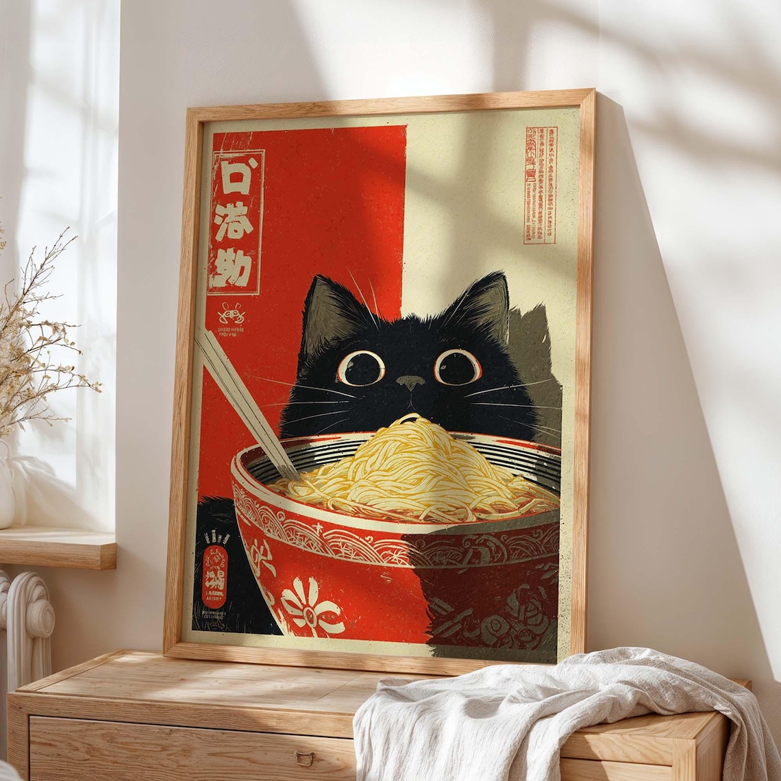 Japanese Ramen Cat Retro Noodle Bowl Art Print