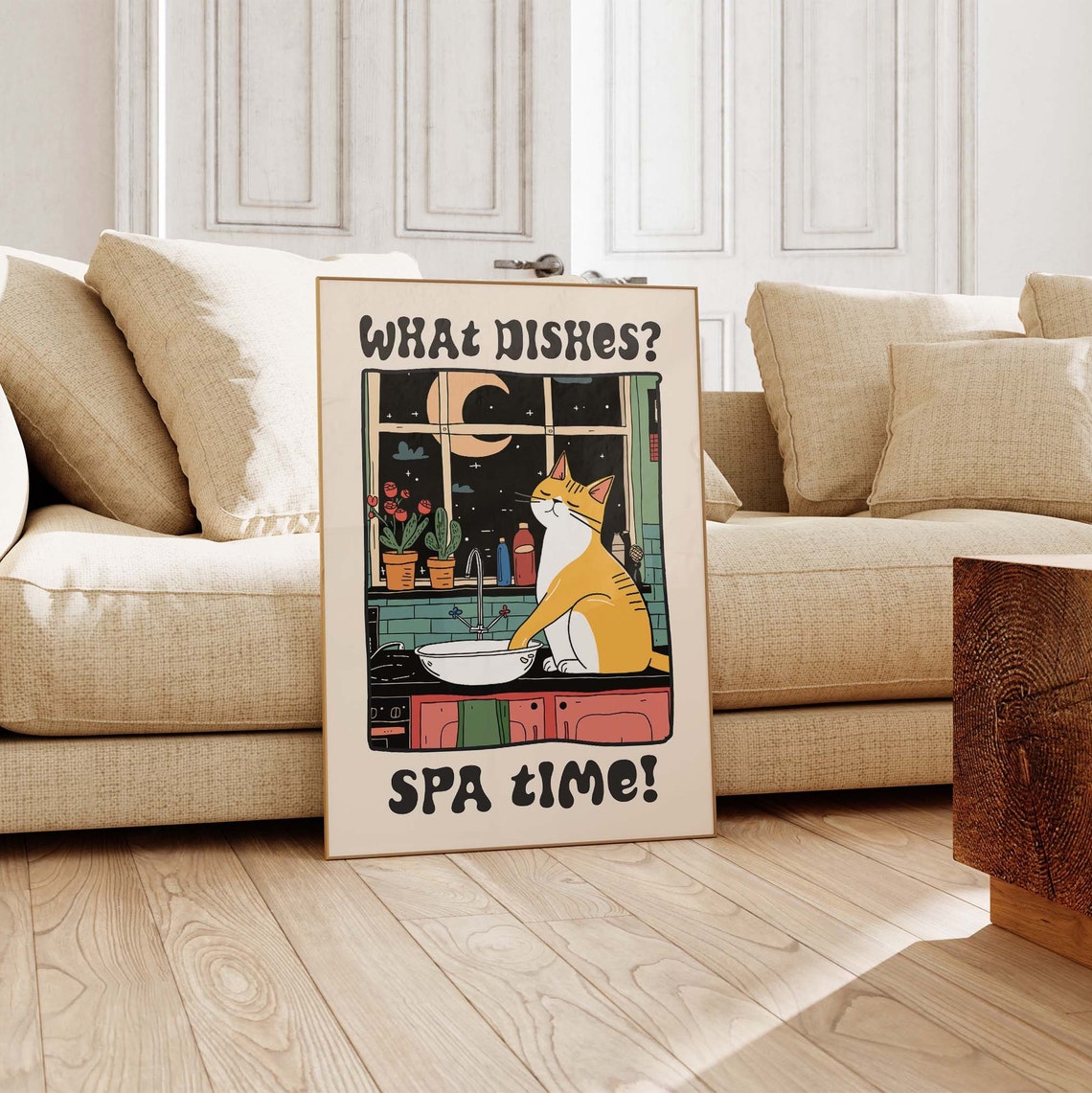 What Dishes Spa Time Funny Orange Cat At Kitchen Sink At Night Poster - Image 2