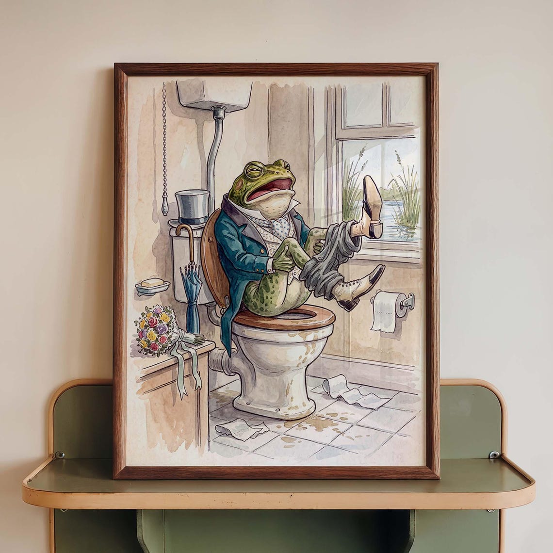 Funny Pooping Frog Bathroom Art Victorian Toad Toilet Poster Whimsical Cottagecore Print