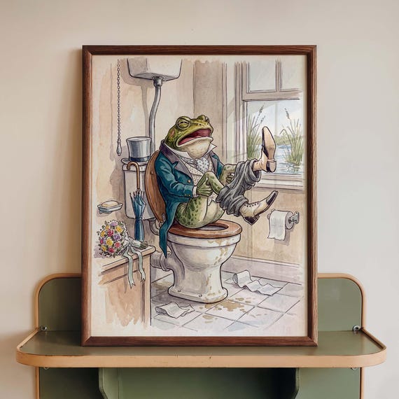 Funny Pooping Frog Bathroom Art Victorian Toad Toilet Poster Whimsical Cottagecore Print