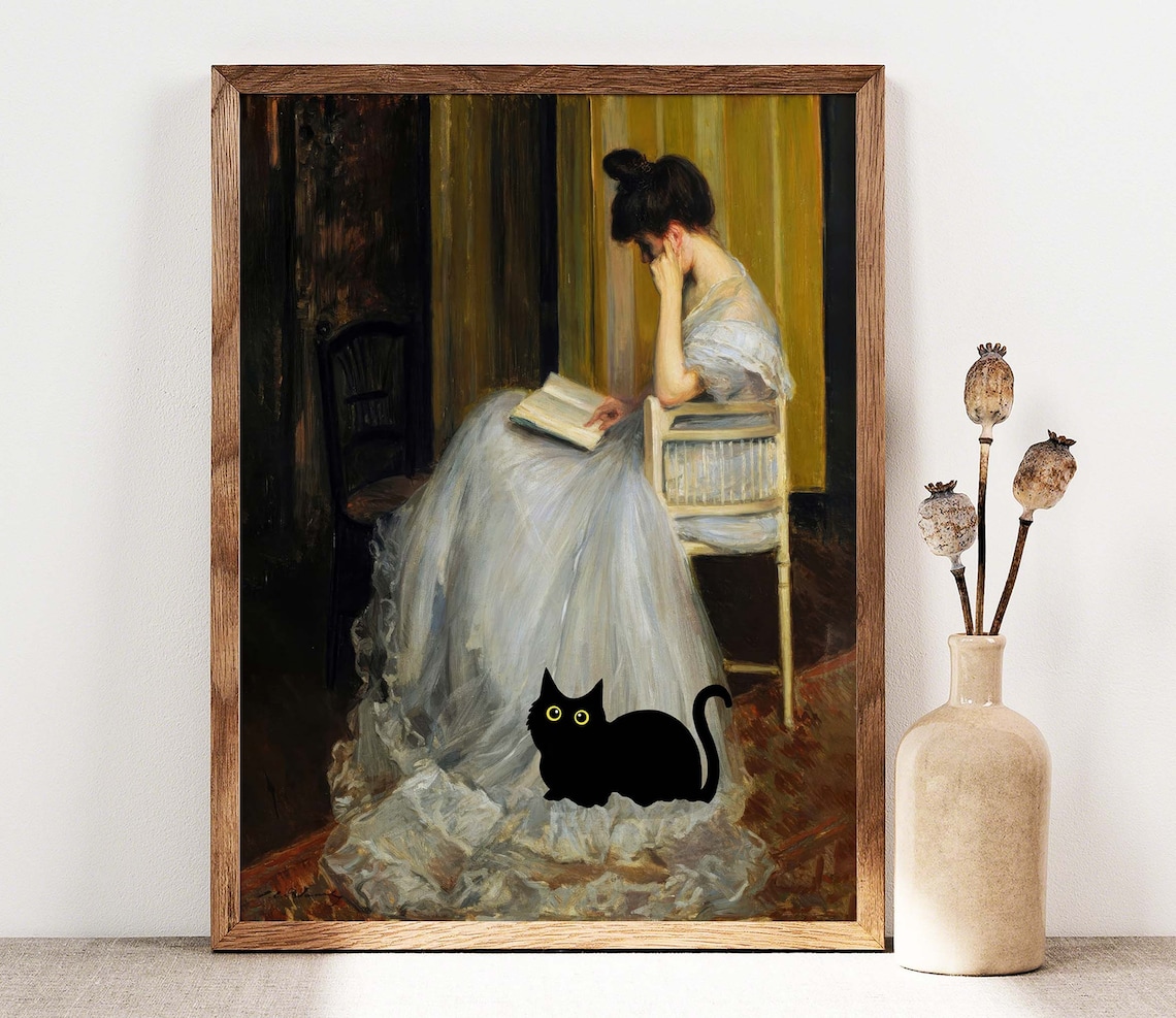 Black Cat With Reading Woman Altered Classic Oil Painting Poster