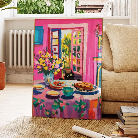 Black Cat Peeking At Pink Matisse Inspired Dining Table With Flowers Poster