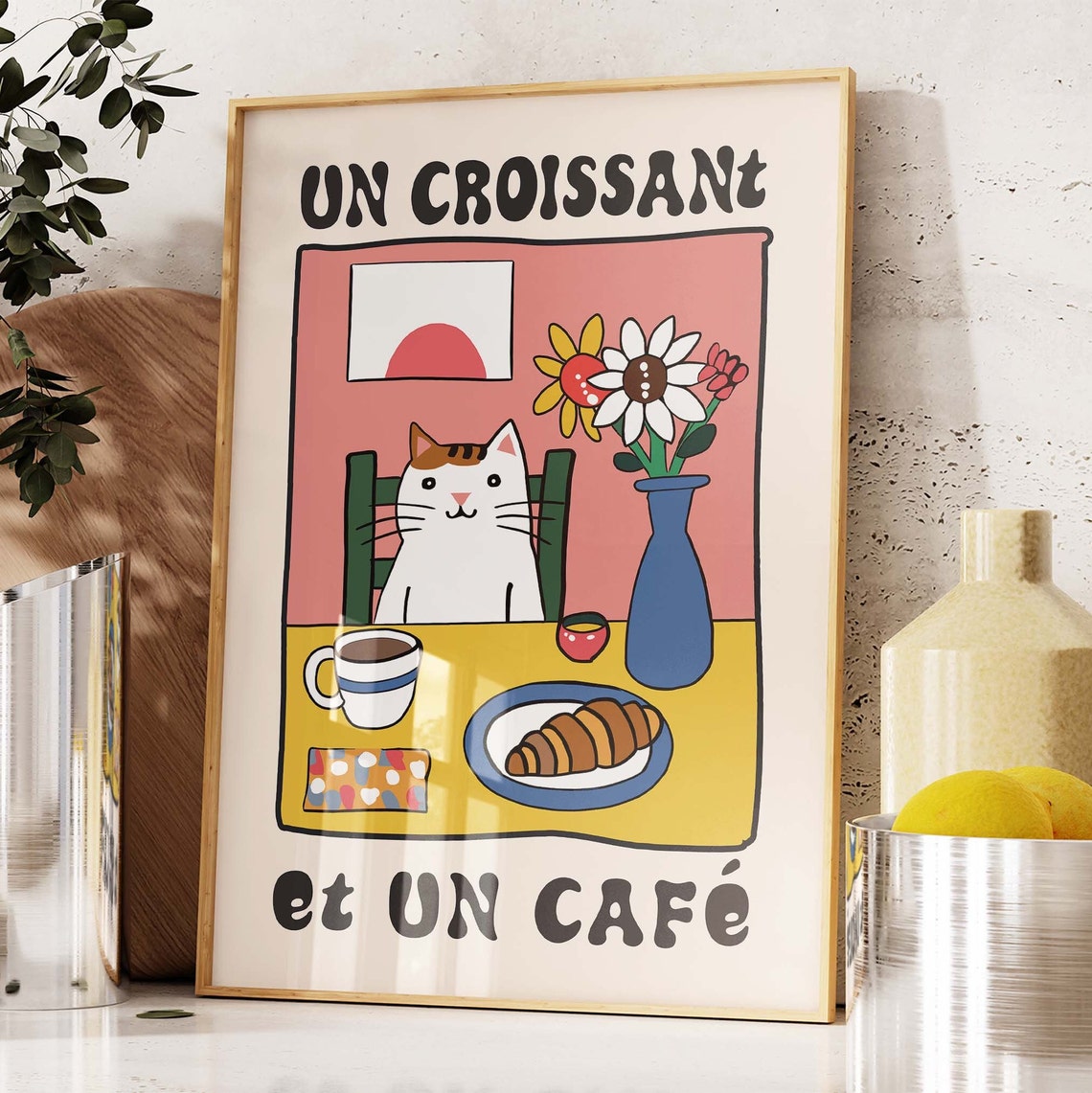 Cat With Croissant and Coffee French Cafe Kitchen Art Poster - Image 4