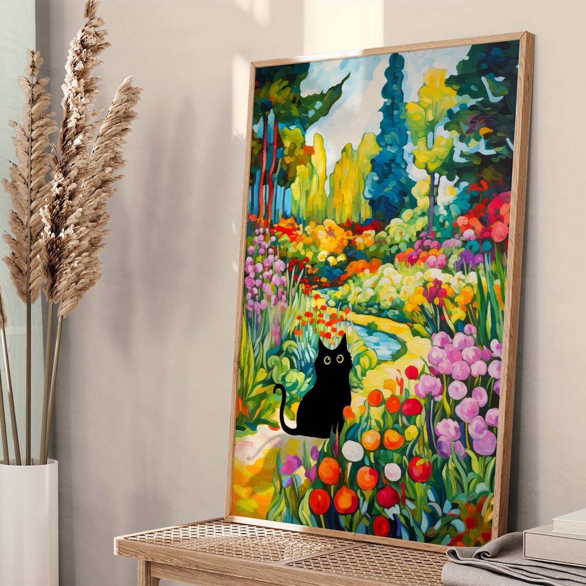 Black Cat Garden Flower Field Poster, Floral Art - Image 4