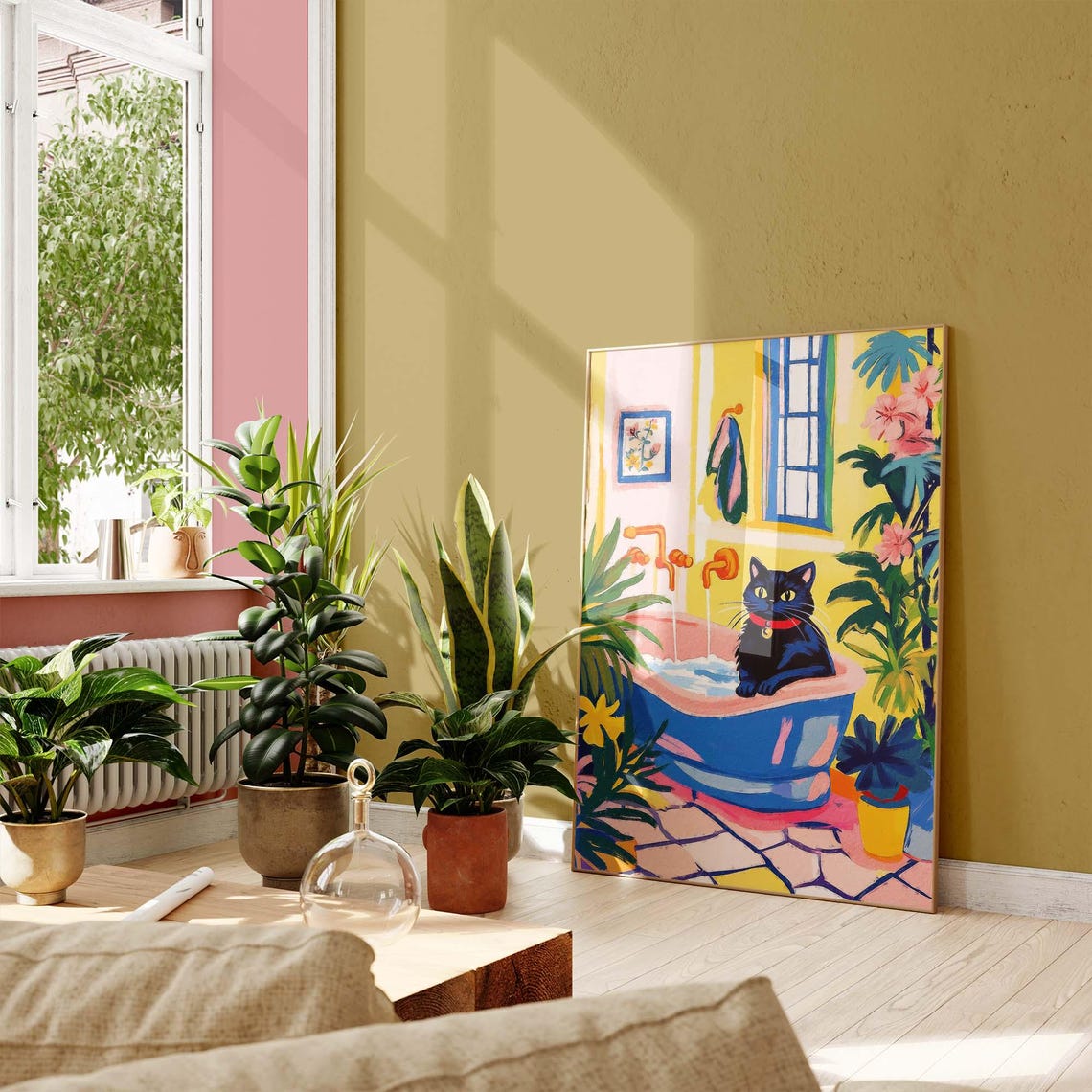 Black Cat Lounging In A Blue Bathtub Tropical Bathroom Poster - Image 2