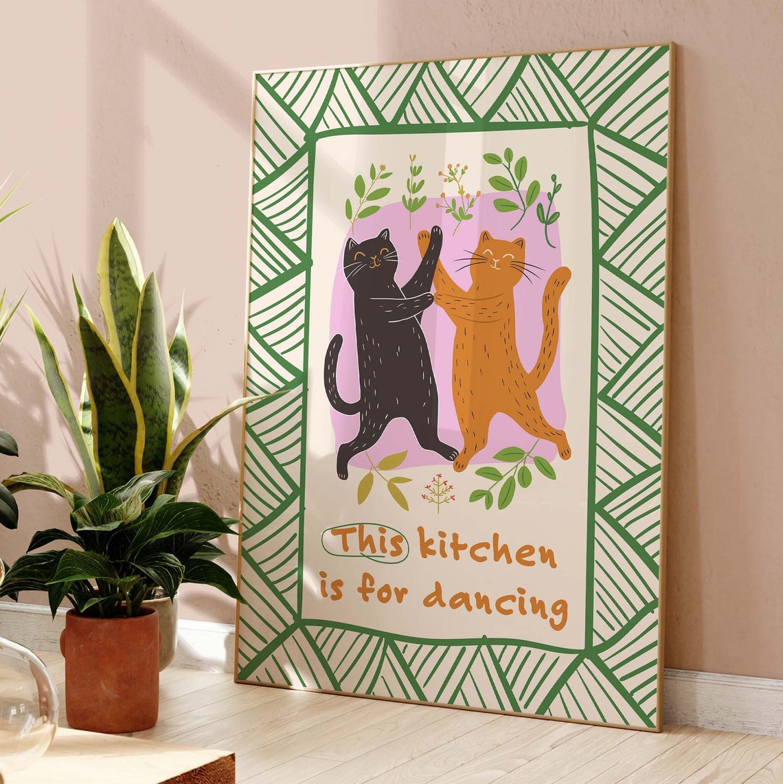 This Kitchen Is For Dancing Black And Orange Cats Hand Drawn Poster - Image 4