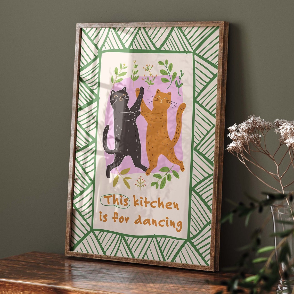 This Kitchen Is For Dancing Black And Orange Cats Hand Drawn Poster - Image 2