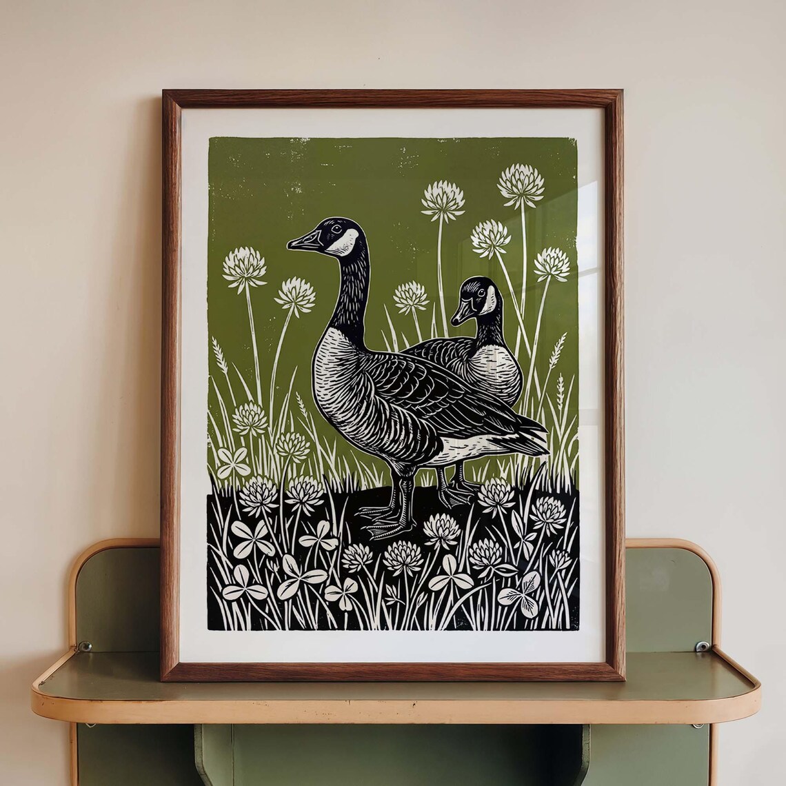 Canada Geese Meadow Linocut Poster Olive Green Woodland Bird Art