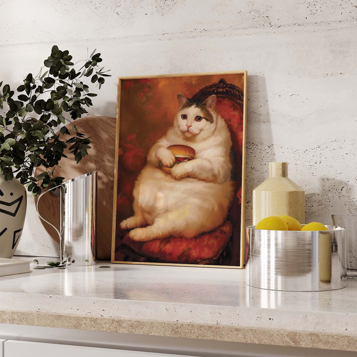 Chubby White Cat Holding A Hamburger Old Master Portrait Poster - Image 3