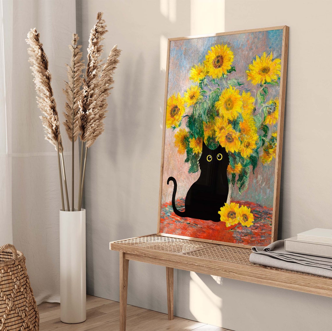 Monet Sunflowers With Black Cat Sitting By Yellow Vase Poster - Image 2