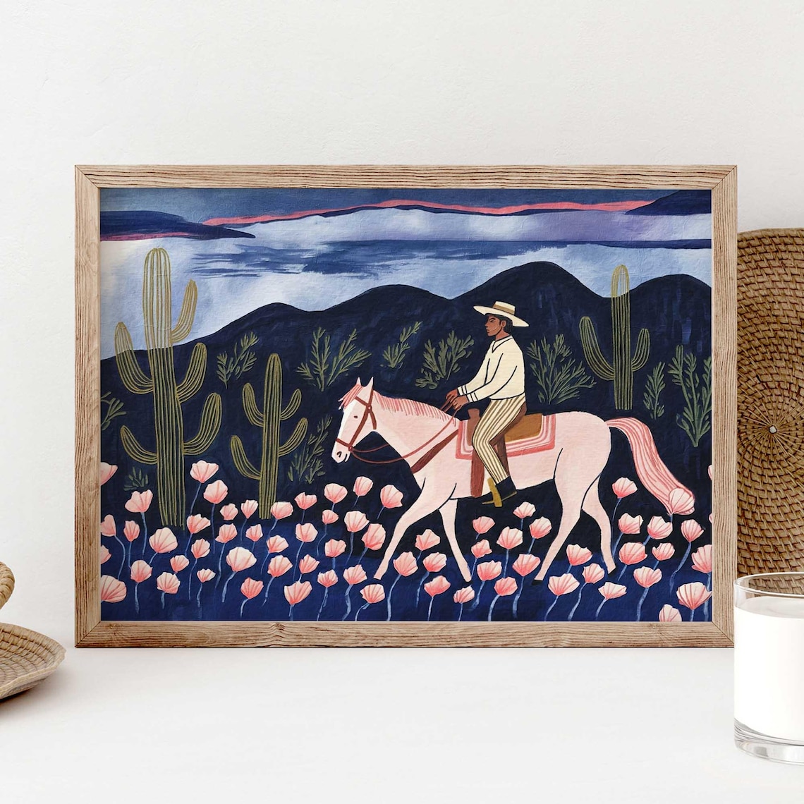 Cowboy Desert Pink Horse Western Art Print