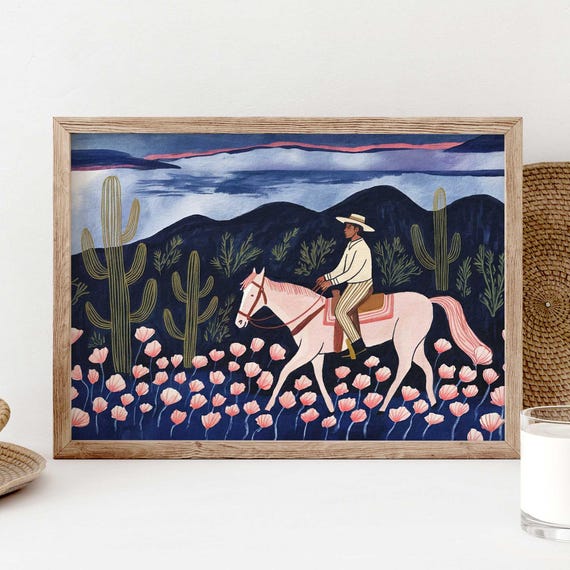 Cowboy Desert Pink Horse Western Art Print