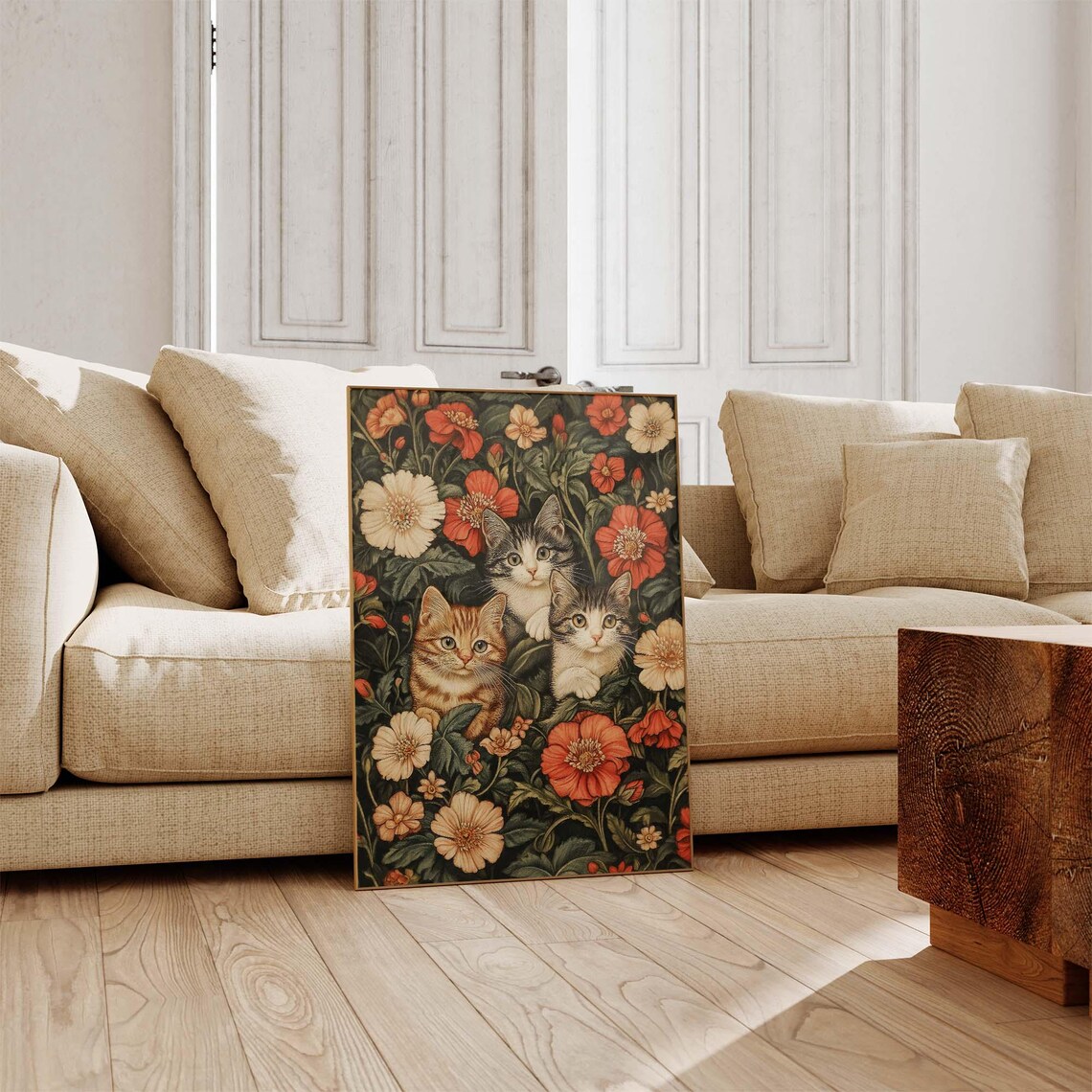 Three Kittens Peeking Through Red Poppies Morris Floral Garden Poster - Image 4