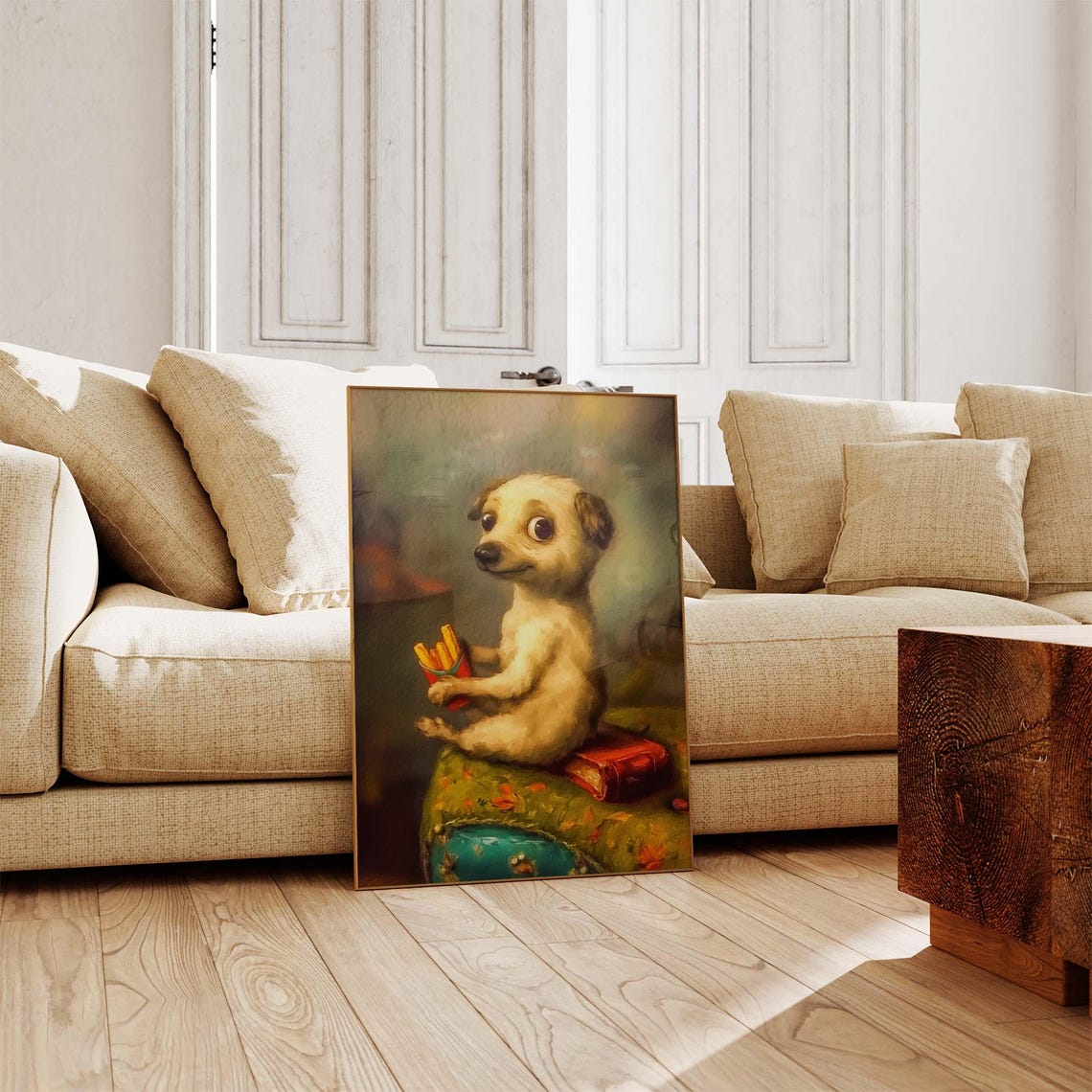 White Puppy With French Fries Perched On Stacked Books Poster - Image 4