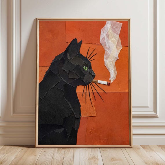 Black Cat Smoking Print Bar Cart Funny Feline Wall Art Paper Cut Imitation Collage Poster Moody Orange Retro Decor For Lovers