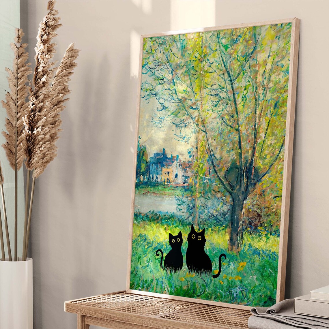 Two Black Cats Sitting In Monet Style Garden By The River Poster - Image 4