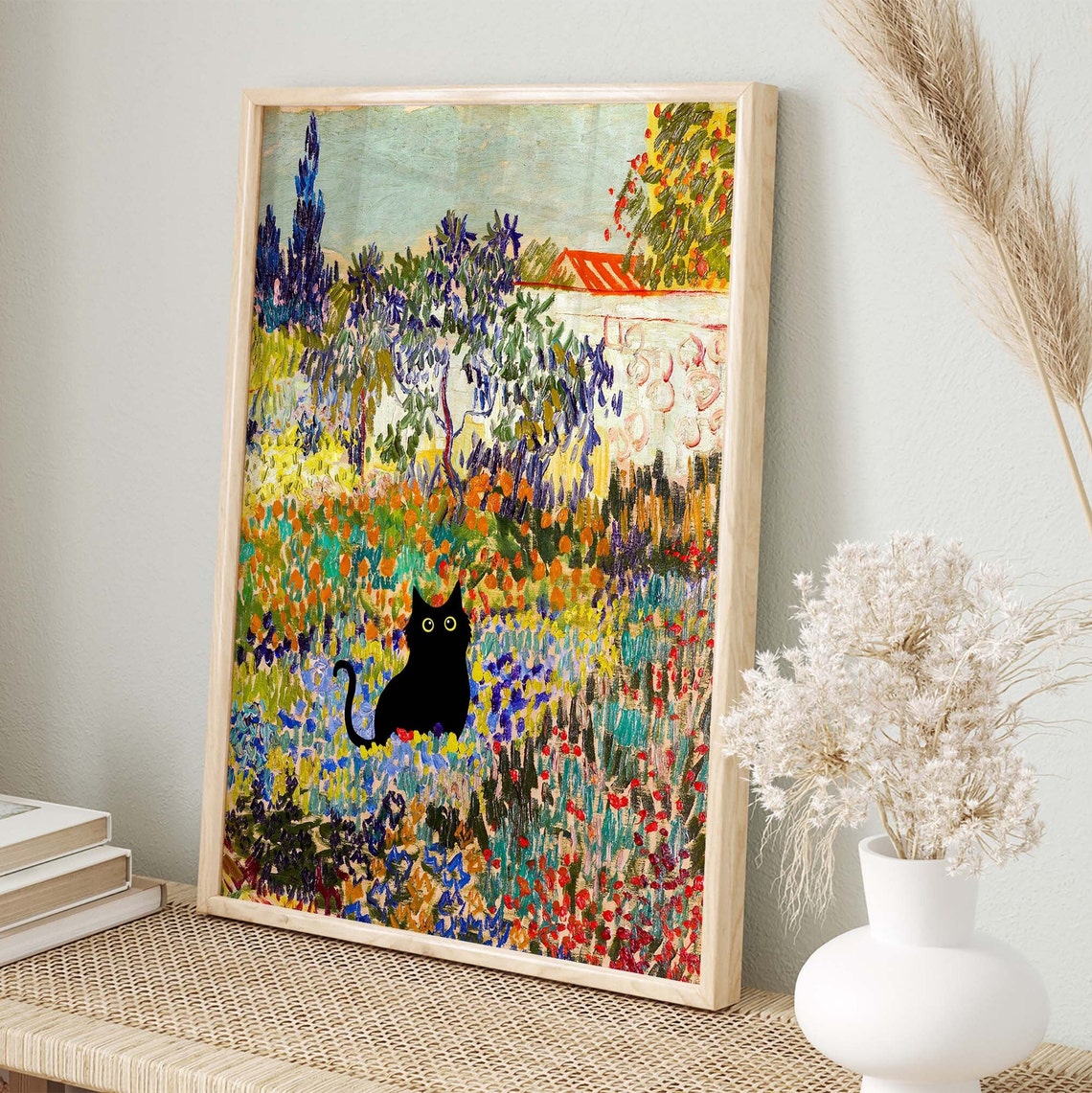 Black Cat in Van Gogh Style Garden With Cypress Trees Poster - Image 2