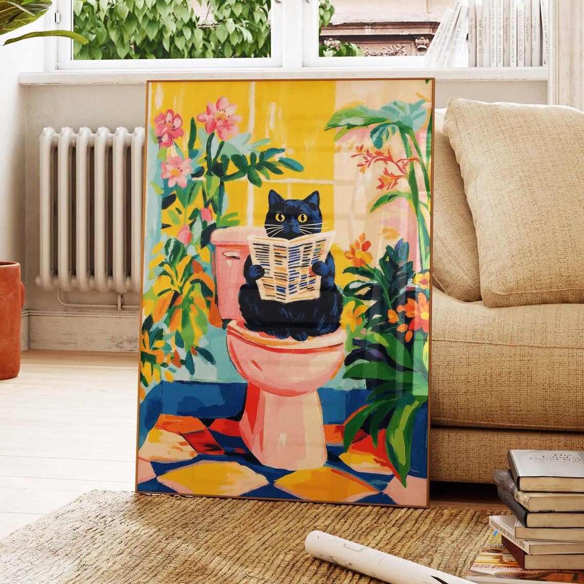 Black Cat Reading Newspaper on Toilet Tropical Matisse Poster