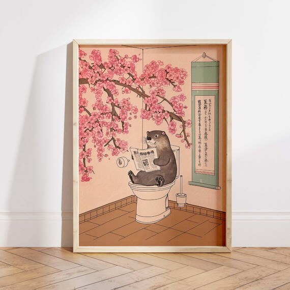 Otter Reading Newspaper On Toilet With Cherry Blossom Japan Poster