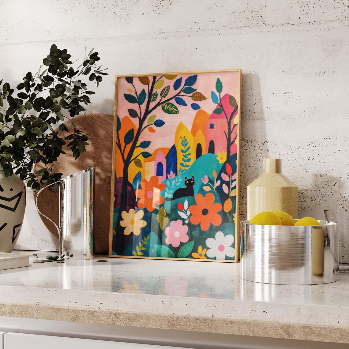 Black Cat in Matisse Style Village Flower Garden Bold Art Poster - Image 2