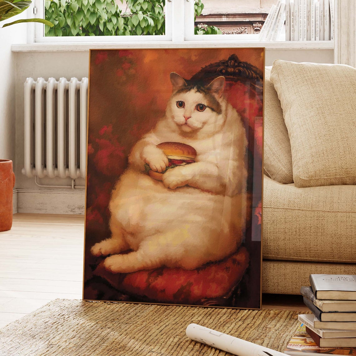 Chubby White Cat Holding A Hamburger Old Master Portrait Poster