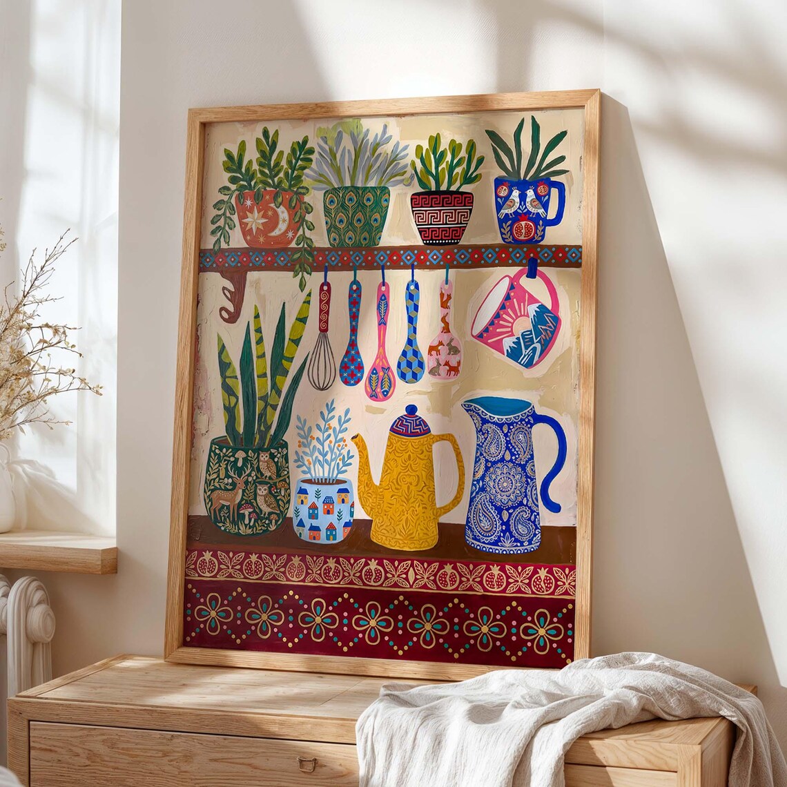 Boho Kitchen Wall Art Print, Folk Shelf Decor