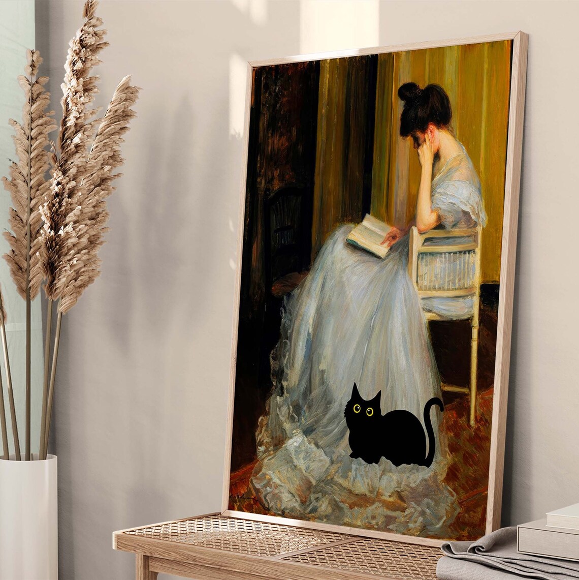 Black Cat With Reading Woman Altered Classic Oil Painting Poster - Image 4