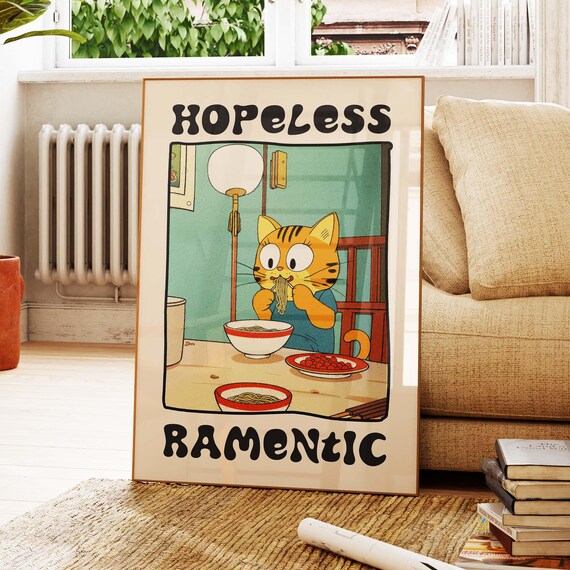 Hopeless Ramentic Funny Orange Tabby Cat Eating Ramen Retro Poster