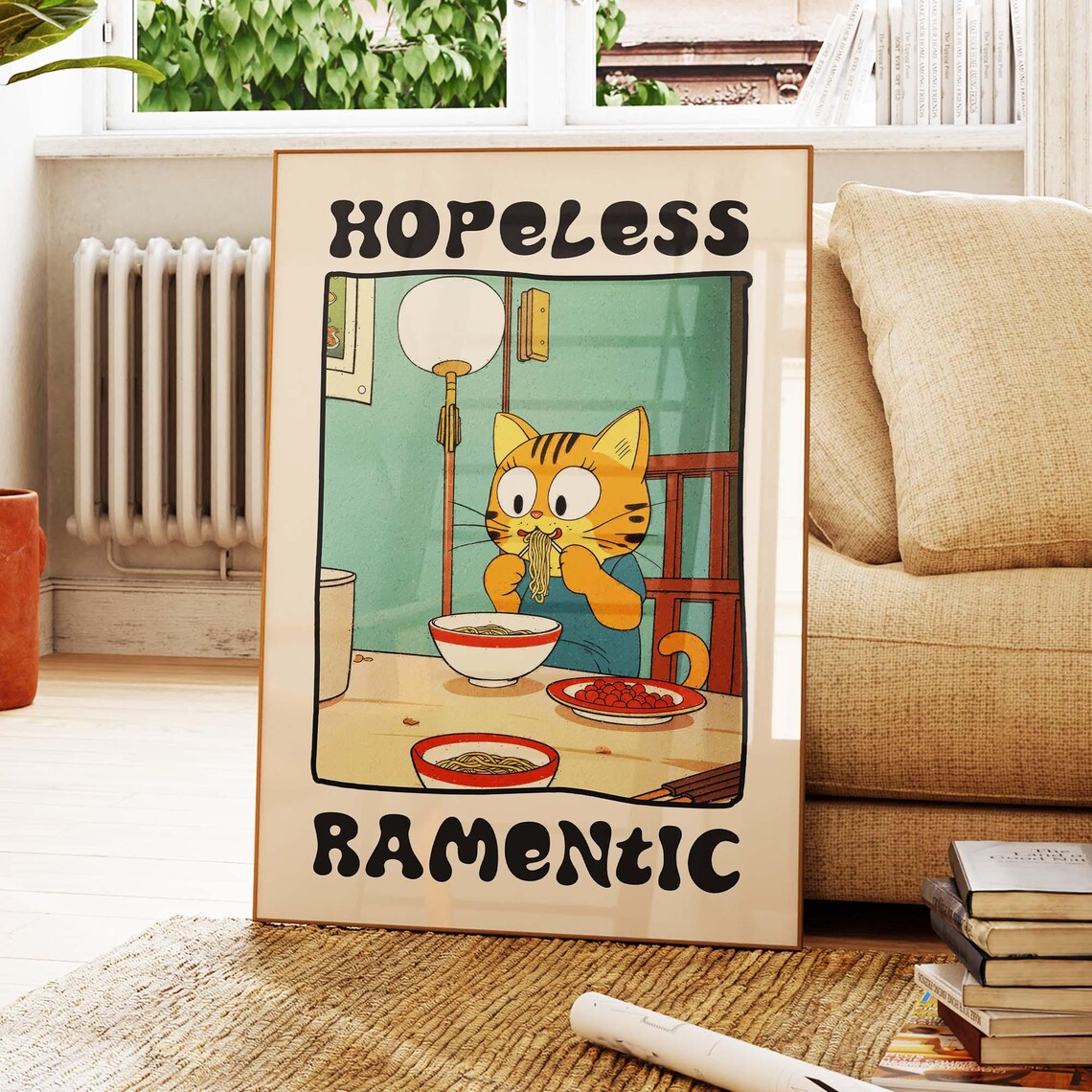 Hopeless Ramentic Funny Orange Tabby Cat Eating Ramen Retro Poster