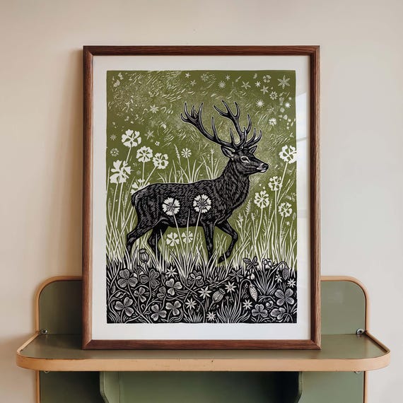 Stag Wall Art Print Deer Linocut Poster Olive Green Woodland Wildlife Decor Folk Nature Block
