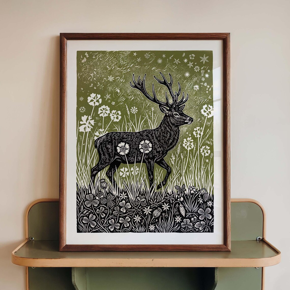 Majestic Stag Linocut Olive Green Woodland Meadow Wildflower Poster