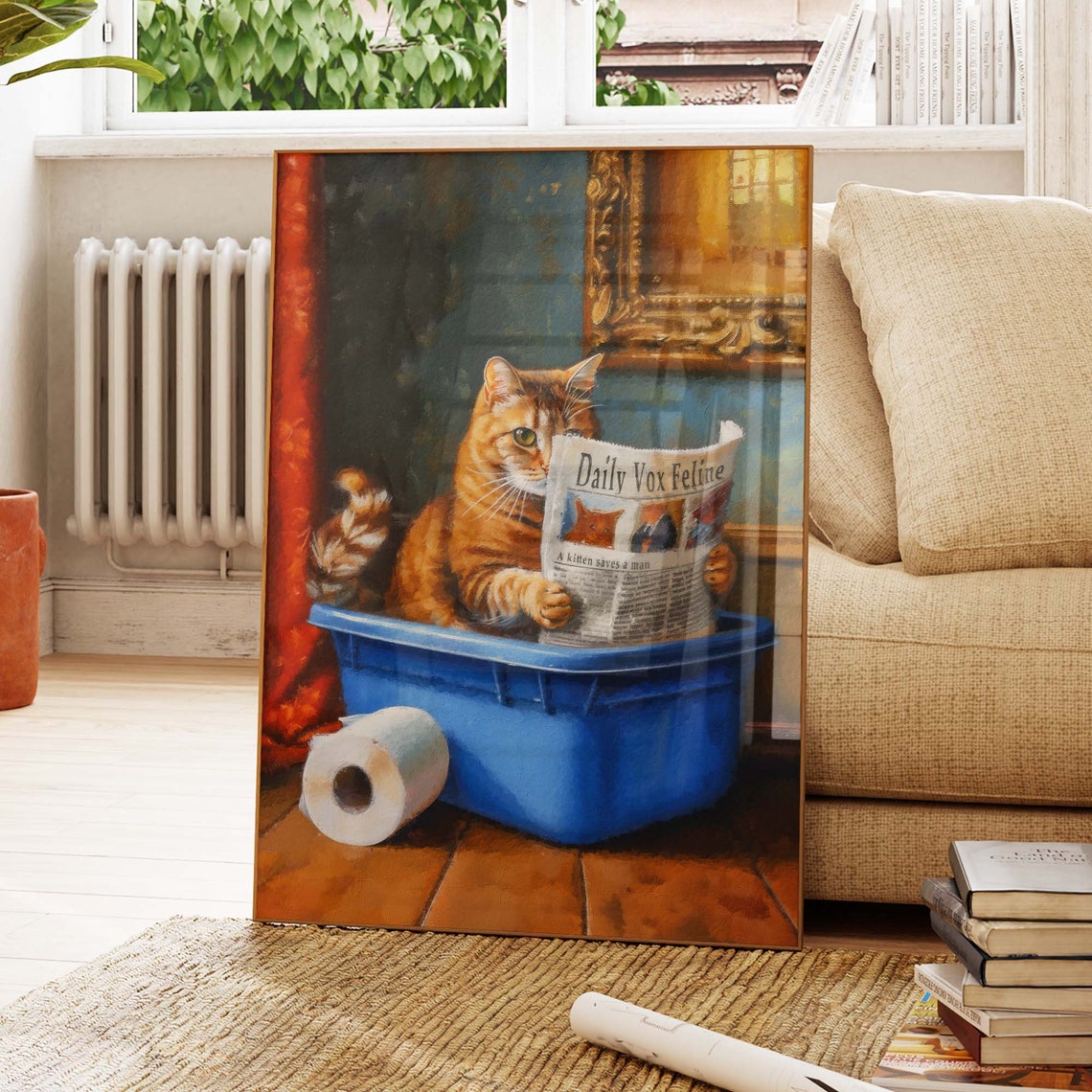 Tabby Cat Reading Daily Vox Feline Newspaper In Blue Litter Box Poster