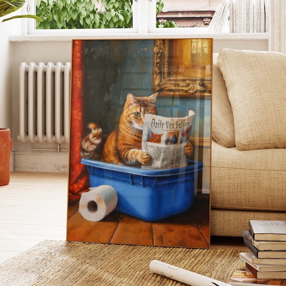 Tabby Cat Reading Daily Vox Feline Newspaper In Blue Litter Box Poster