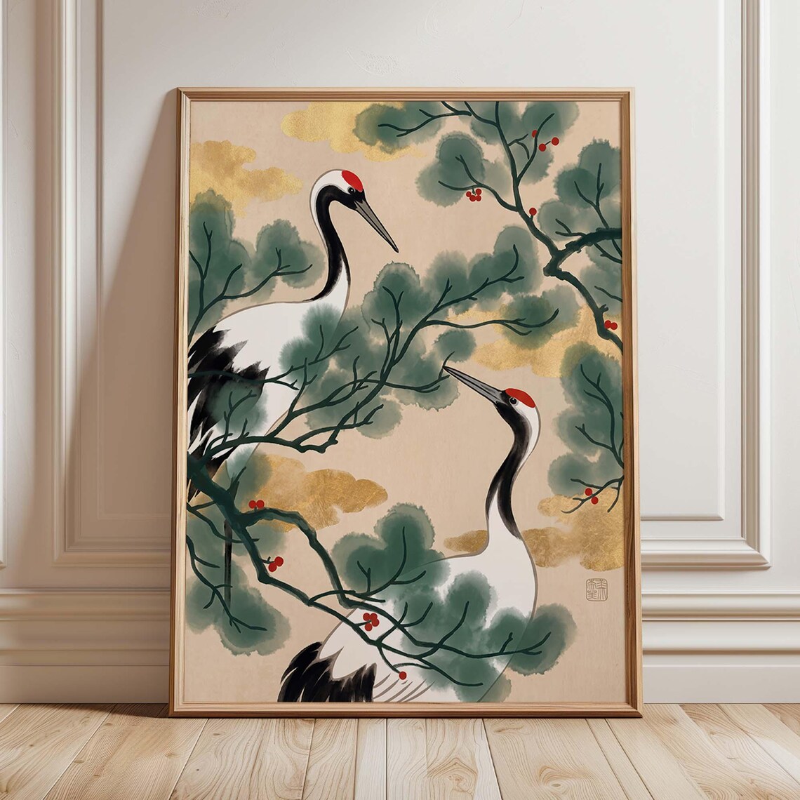 Redcrowned Crane, Japanese Ink Wash Pine Tree Art
