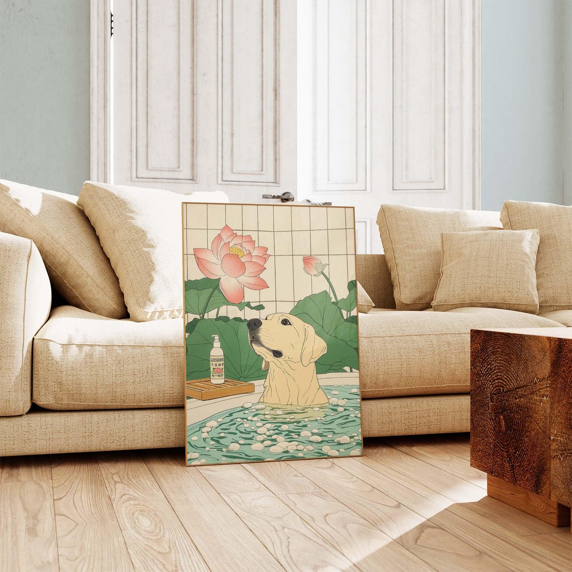 Beige Labrador Relaxing In Onsen Bath Beneath Pink Lotus Poster - Image 3