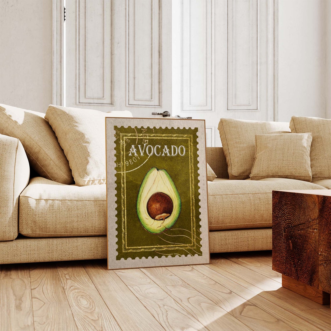 Vintage Avocado Postage Stamp Style Olive Green Kitchen Print - Image 3