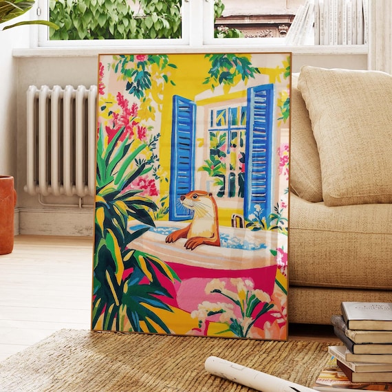 Otter Soaking In Pink Bathtub In Tropical Yellow Bathroom Funny Poster